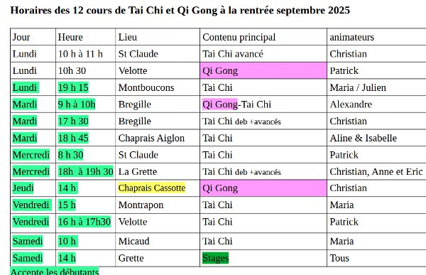 12 cours hebdomadaires